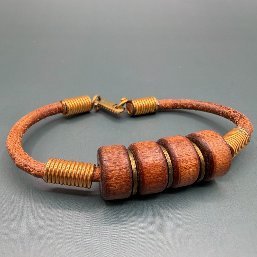 Brown Leather Wood Bead Bracelet Brass Tone Boho Tribal Statement Vintage Style